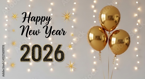 Festive new year 2026 celebration with gold balloons