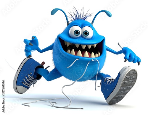Playful Blue Monster Cartoon Running and Tying Shoelaces