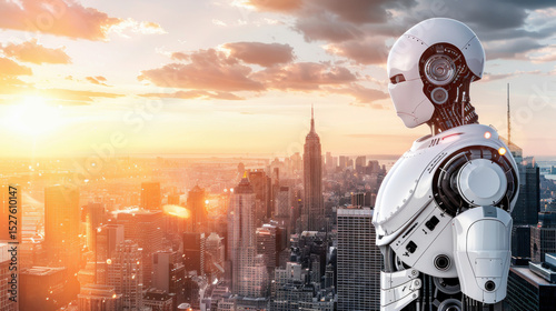 Futuristic Robot Gazing Over City Skyline at Sunset with Skyscrapers and Clouds in New York
