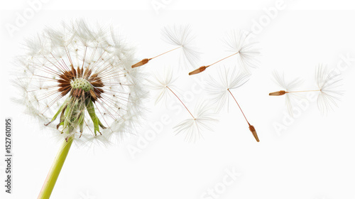 Dandelion Seed Head with Wispy Seeds Floating Against a White Background