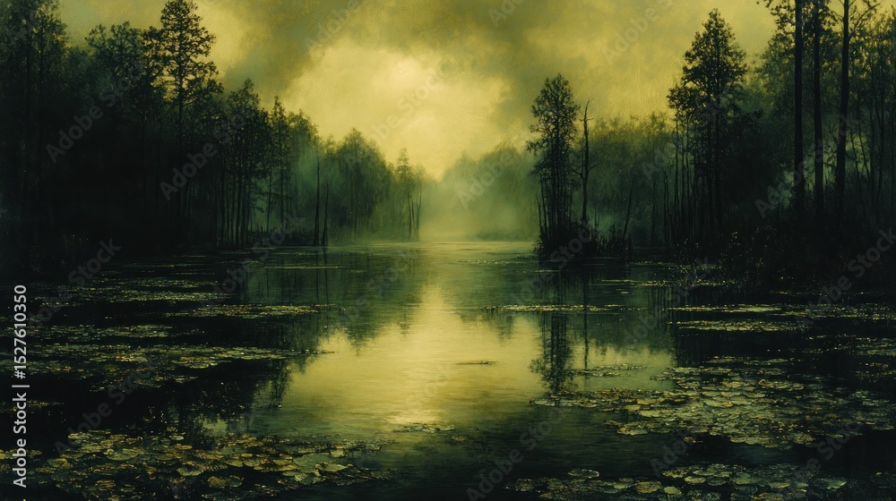 Obraz premium Misty swamp landscape at dawn
