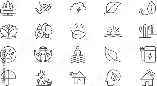 Eco-Friendly Living A Collection of Line Art Icons Representing Sustainability, Nature, and Environmental Conservation
