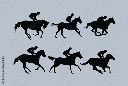 Horse Racing Rider Jockey Various Pose Simple Silhouette Vector Set Collection