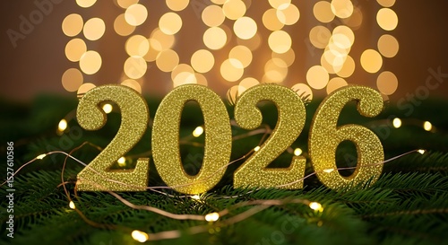 Glittering golden 2026 sign on festive christmas background