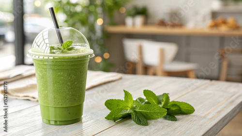 Fresh green mojito cocktail and healthy vegetable smoothie in a glass on a wooden table