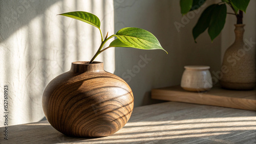 Green plant in a vase with autumn harvest decorations