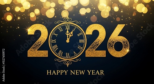 Golden 2026 happy new year clock and festive background