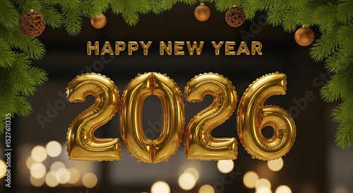 Golden balloons saying happy new year 2026 decoration