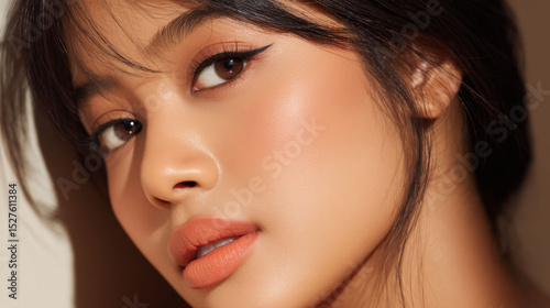 Soft makeup look with matte lips and winged eyeliner on young woman with smooth skin and dark hair