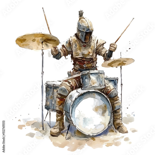 Drummer In Battle Gear, watercolor drawing vector, high quality, isolated on a white background.