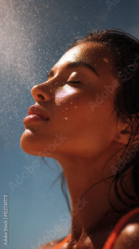 Close up of faceless woman with glowing skin enjoying water mist on her face under sunlight, feeling refreshed and calm