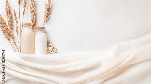 Minimalist Vases and Dried Flowers on Soft White Fabric Background
