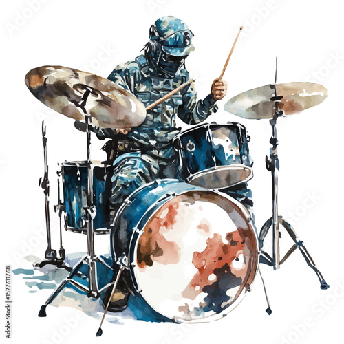 Drummer In Battle Gear, watercolor vector, high quality, isolated on a white background.