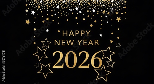 Happy new year 2026 golden stars black background celebration