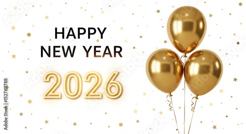 Happy new year 2026 with gold balloons and confetti