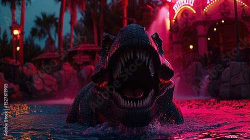Night Scene with an Animated Dinosaur in Water at Amusement Park Surrounded by Lights and Tropical Plants