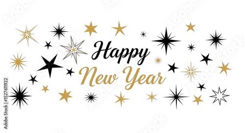 Happy new year greeting card with starbursts on white