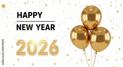 Happy new year 2026 with golden balloons and sparkling stars