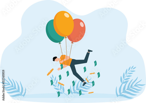 Personal inflationary crisis and Investment risks and bad debt conditions. Damage from the inflation crisis. household debt crisis, Businessman tied to bubble with hot air balloon
