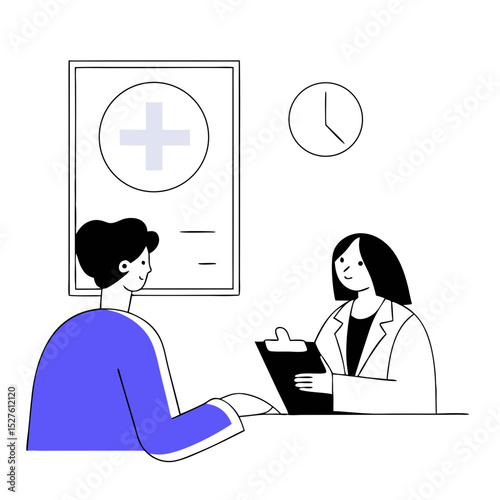 Medical doctor appointment. Clinic worker with patient, doctor diagnosing and advising patient flat vector illustration. Healthcare and medicine concept