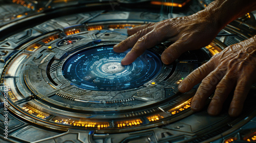 Futuristic Control Interface with Hands Engaging Digital Technology on a High-Tech Console