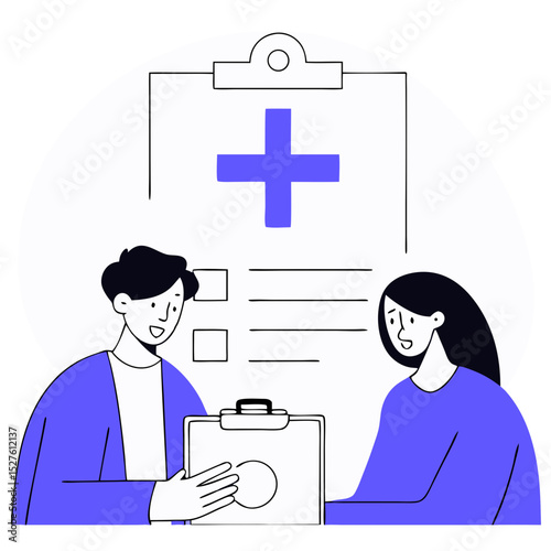 Medical doctor appointment. Clinic worker with patient, doctor diagnosing and advising patient flat vector illustration. Healthcare and medicine concept