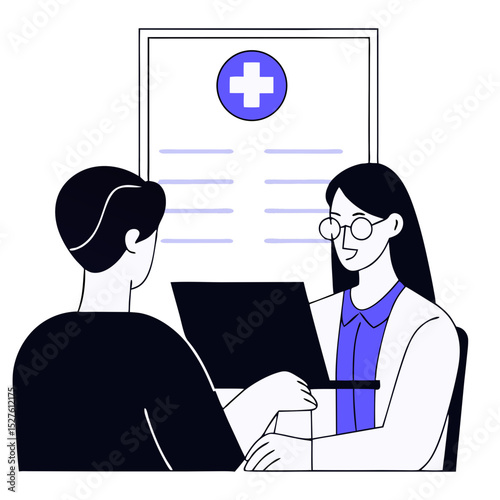 Medical doctor appointment. Clinic worker with patient, doctor diagnosing and advising patient flat vector illustration. Healthcare and medicine concept