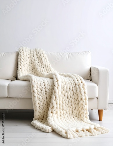 Cream Chunky Knit Throw on White Sofa