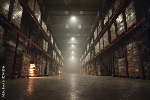 Rows of Palletized Boxes and Goods on Metal Shelving Racks in a Large Industrial Warehouse Interior with Concrete Floor