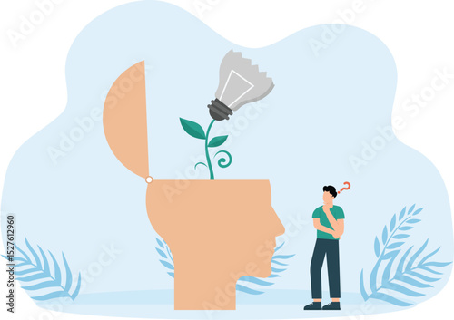 Not inspired or motivated after business failure, tired or exhausted by crisis, no new inspiration ideas or concepts, depressed man sitting with broken light bulb idea behind him
