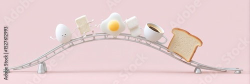 Playful breakfast items on roller coaster track with eggs and toast