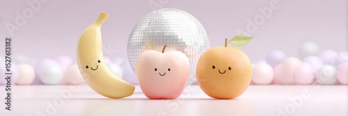 Cute cartoon fruit characters with disco ball in pastel background