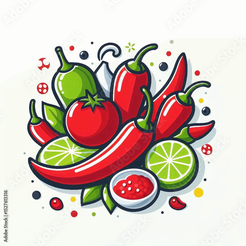 Fresh chili peppers tomato lime salsa and a variety of colorful garnish arranged in a vibrant and appetizing collage