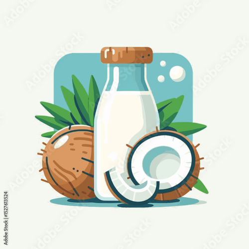 Illustration of coconut milk bottle coconuts  leaves against a teal backdrop