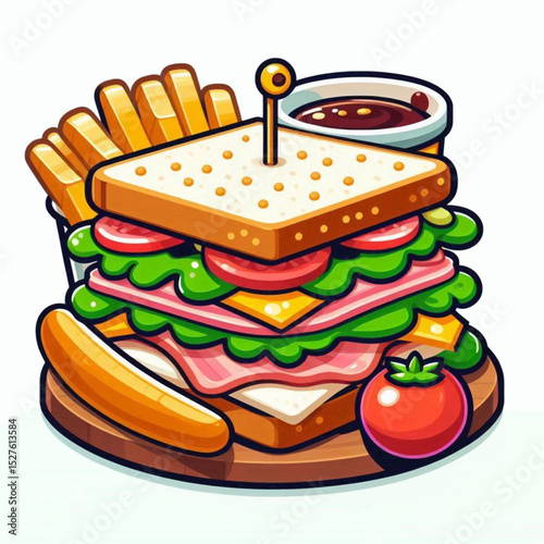 Detailed cartoon sandwich with fries hot dog tomato and sauce on a wooden board