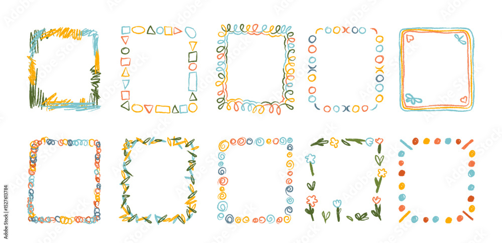 Hand drawn decorative frames doodle crayon border with empty copy space artistic collection