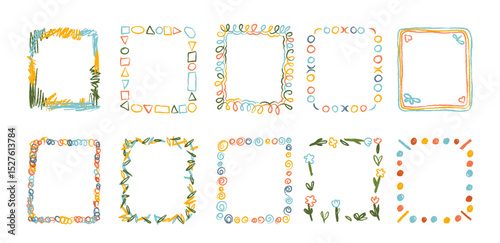Hand drawn decorative frames doodle crayon border with empty copy space artistic collection