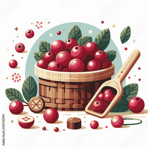 Illustration of cranberries in a basket with a wooden scoop leaves and other berries