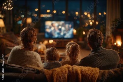 Wallpaper Mural Cozy Evening: Family watches TV at home with city lights visible through window, enjoying quality time together. Torontodigital.ca