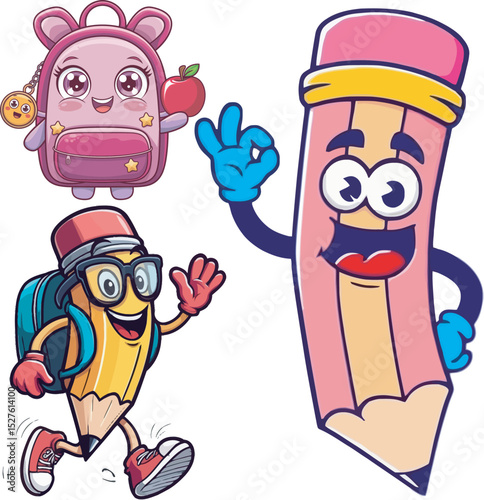 Cute cartoon character vector of pencil and backpack