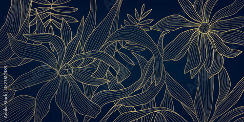 Vector floral line pattern, vintage flowers and leaves japanese luxury background. Abstract plant ornament, art deco foliage tropical design. Elegant blossom banner