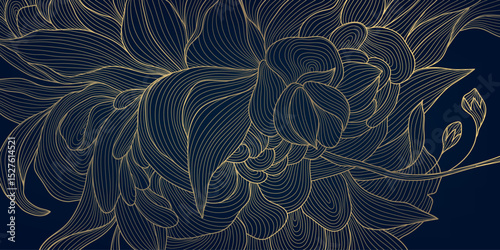 Vector floral line pattern, vintage flowers and leaves japanese luxury background. Abstract plant ornament, art deco foliage tropical design. Elegant blossom banner