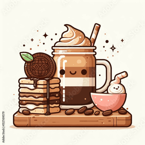 Still life shows stacked treats latte with whipped cream in kawaii style