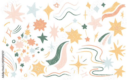 Colorful celestial shapes with crayon texture whimsical doodles, starry pencil stencils elements