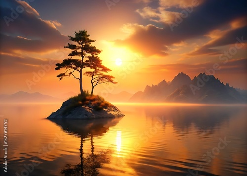 Solitary Tree on Island at Sunset with Golden Reflections in Water