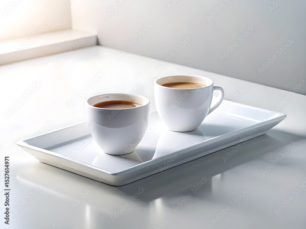 Obraz premium Two Cups of Coffee on a White Tray in Minimalist Setting