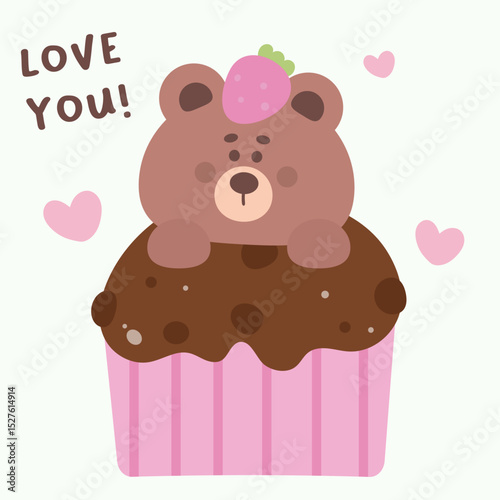 World chocolate day with cute teddy bear cartoon in cupcake strawberry