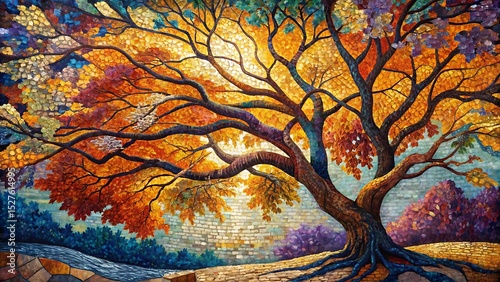 Vibrant Autumn Tree with Mosaic Leaves and Detailed Roots Artwork