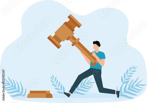 lawsuit and jury and Legal verdict, judgment or law and justice, attorney and barrister or ethics, male character holding gavel and scales of equality on the other hand.
