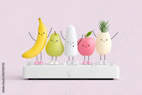 Playful fruit characters with smiling faces on a platform